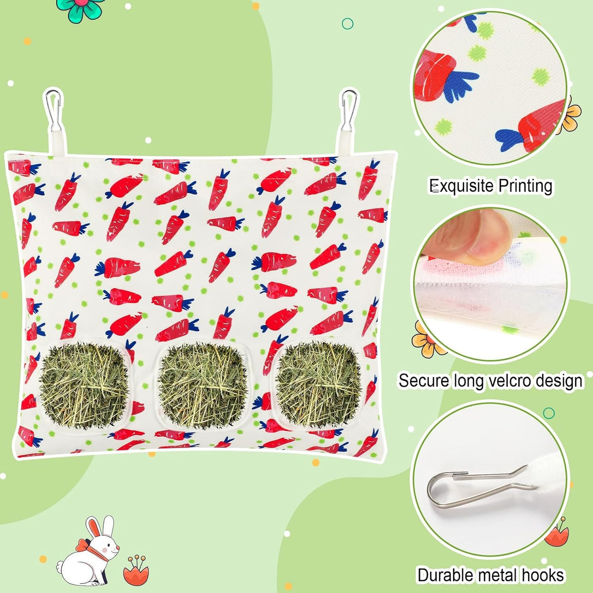 UPINS 2 Pack Guinea Pig Hay Feeder Bag - 34 x 28 cm / Red Green - image 3