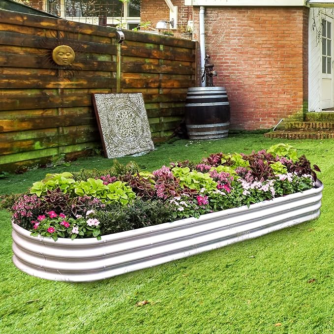 Land Guard 8ft Galvanized Raised Garden Bed Kit, Raised Garden Boxes Outdoor, Oval Metal Raised Garden Beds for Vegetables, Silver,108 Gallon Capacity(with 10 Connecting rods)