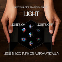 HEIMDALLR liquid core DND dice set in Fenrir's Shadow with glowing LED display box - view 14