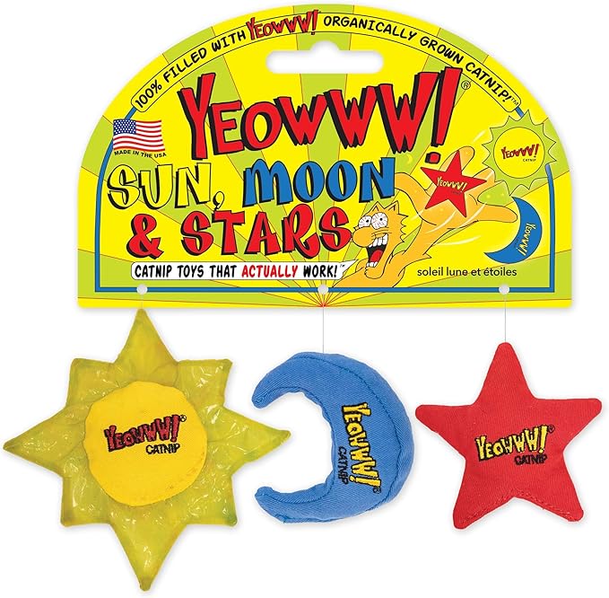 YEOWWW Catnip Cat Toy for Indoor and Outdoor Cats -Premium Quality Strong Catnip Toys for Cats (1x Crinkle Catnip Toy Sun 1 x Moon 1x Star)