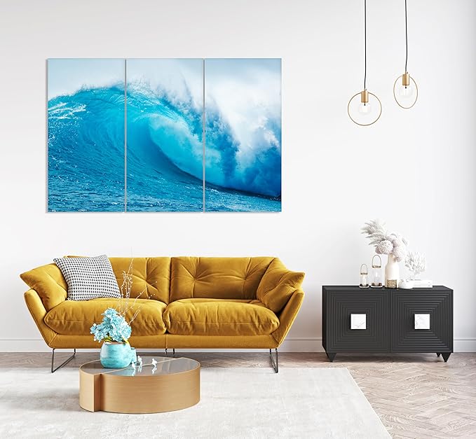 Nature Wall Art Prints - Ocean Forest Mountain Lake Canvas Landscapes - Small to Extra Large Living Room Bedroom Kitchen Bathroom Décor (Blue Ocean Wave, 55L" x 83W"- 3 Panels)