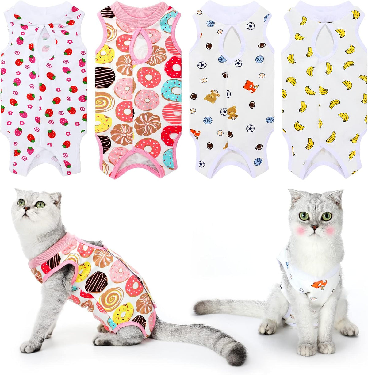 Pack of 4 cat recovery suits in 4 styles, breathable body wraps for kittens