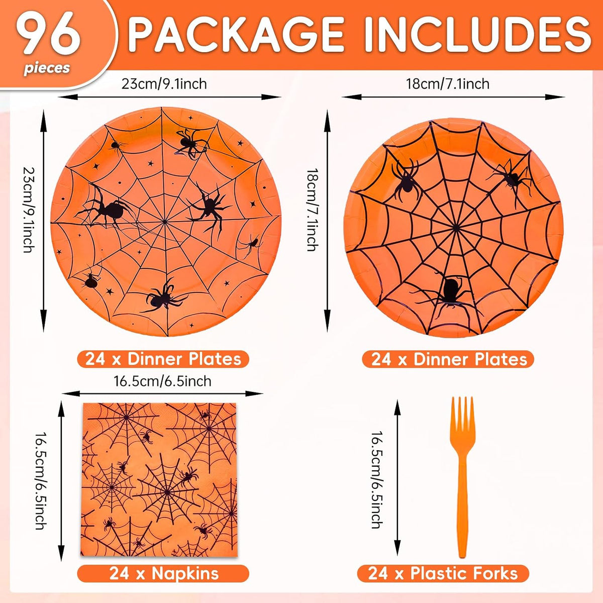 Gistome 96-piece Halloween spider web tableware set with plates, napkins and forks - view 16
