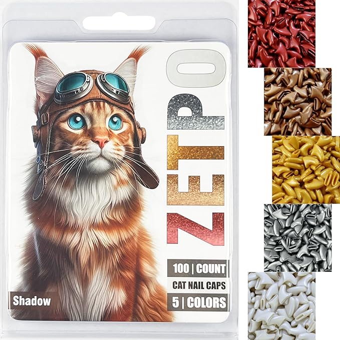 zetpo 100 pcs Cat Nail Caps | Cat Claw Covers | with Adhesives and Applicators (S, Metal Red, Bronze, Gold, Silver, Pearl White)