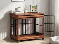 32in Dog Crate Furniture, Double Door Wooden Indoor Dog Kennel Furniture, Decorative Pet Cage End Table With Wheels For 