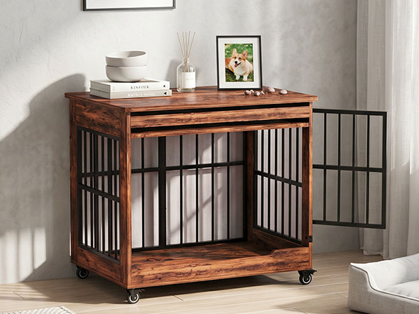 32in Dog Crate Furniture, Double Door Wooden Indoor Dog Kennel Furniture, Decorative Pet Cage End Table With Wheels For 