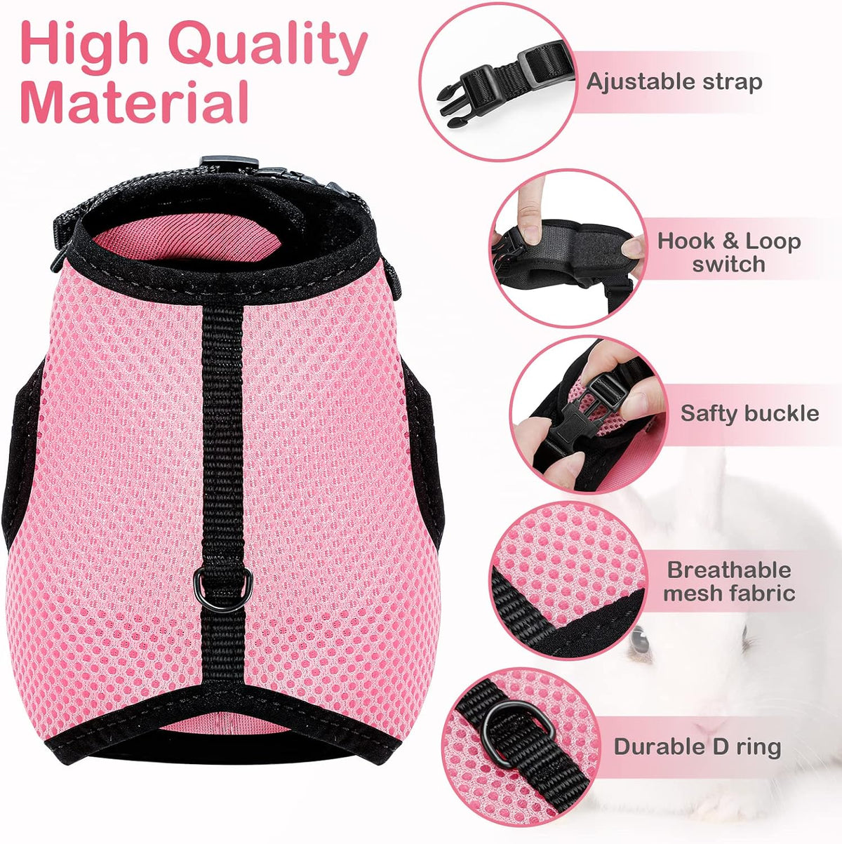 PETTOM Bunny Rabbit Guinea Pig Harness Stretchy Elastic Leash Cute - XL(Chest:12.5-15.7 in) / Pink - image 2