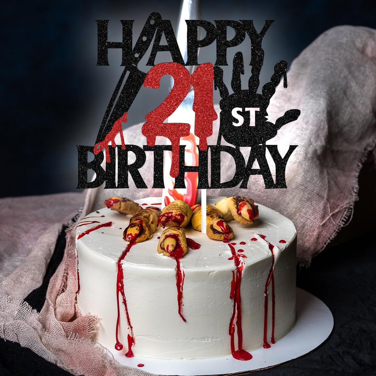 Black glitter Killer Happy 13th Birthday cake topper for a horror Halloween party - view 14
