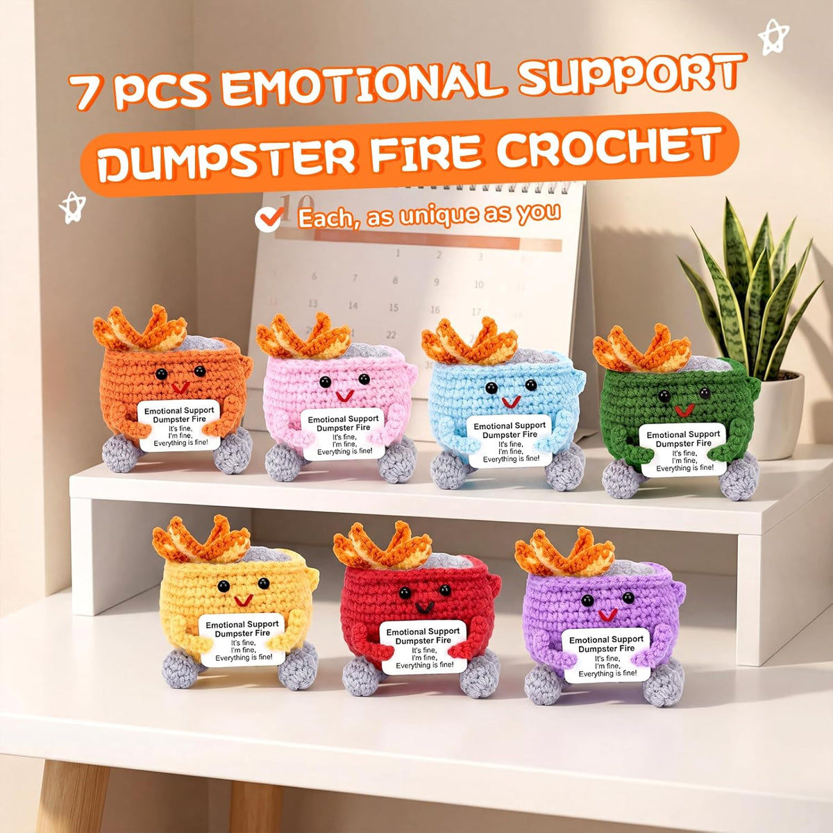 Megele 7-pack crochet dumpster fire desk figures in different colors with positive cards - view 3