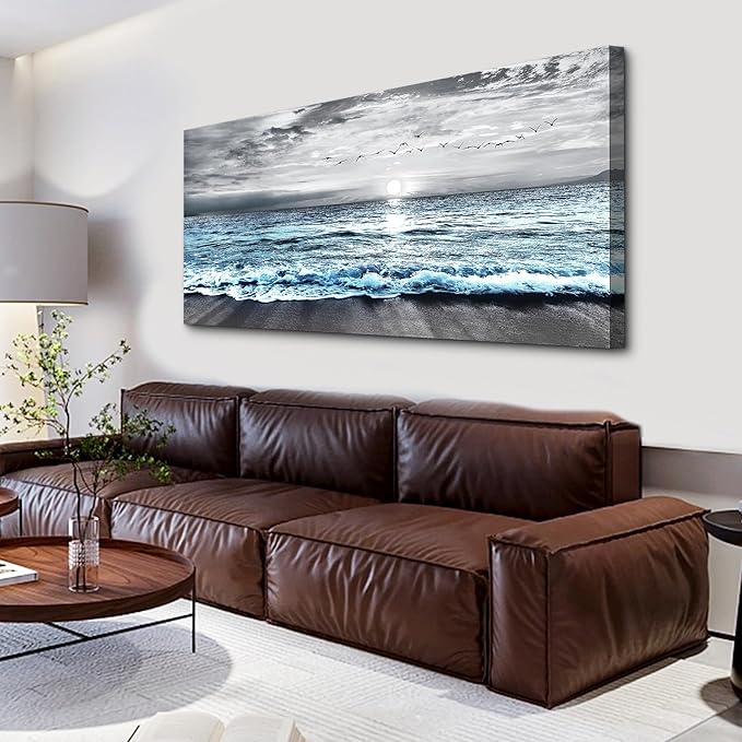 Lapremoly Large Canvas Wall Art For Living Room Wall Decor For Bedroom Office Wall Decorations Black And White Beach Wall Painting Blue Ocean Sea Wave landscape Pictures Artwork Posters Home Decor