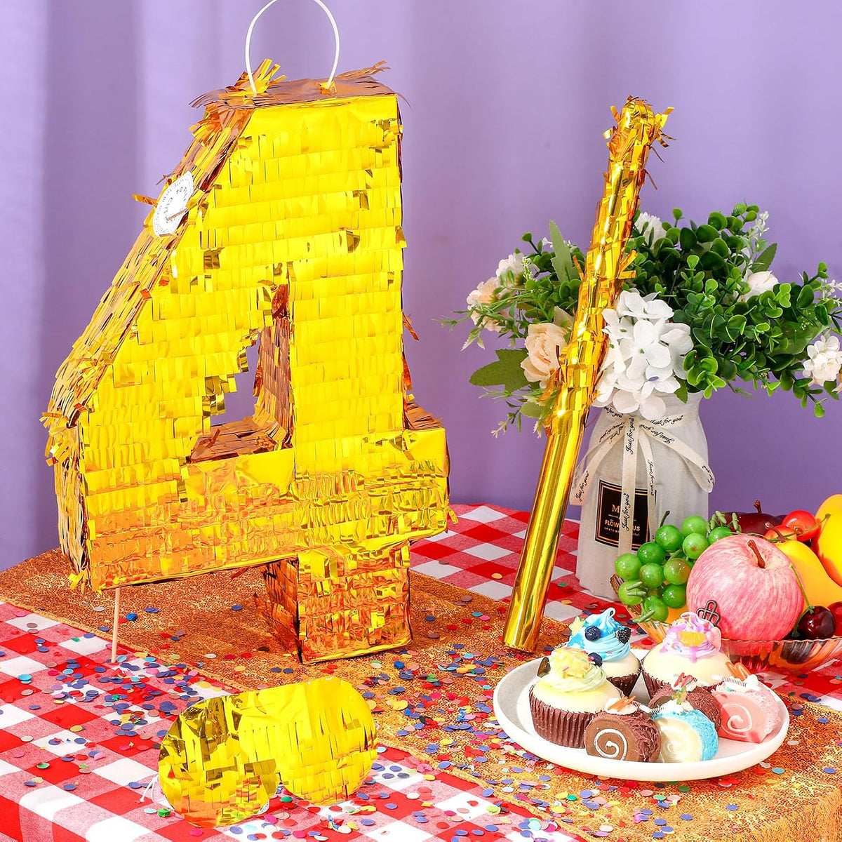 Sratte gold foil number piñata set with gold blindfold, piñata stick and bag of confetti - view 31