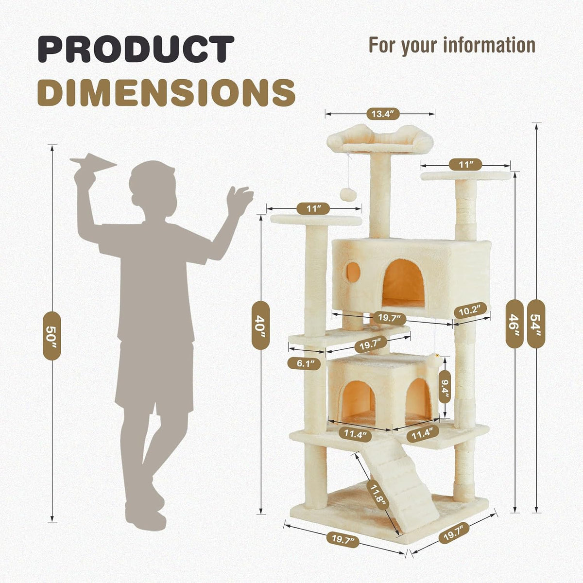 54 Inch Cat Tree Tower with Sisal Scratching Posts, Multi-Level – Essentials for Cats - Cream / 54"×19.7"×19.7" - image 3