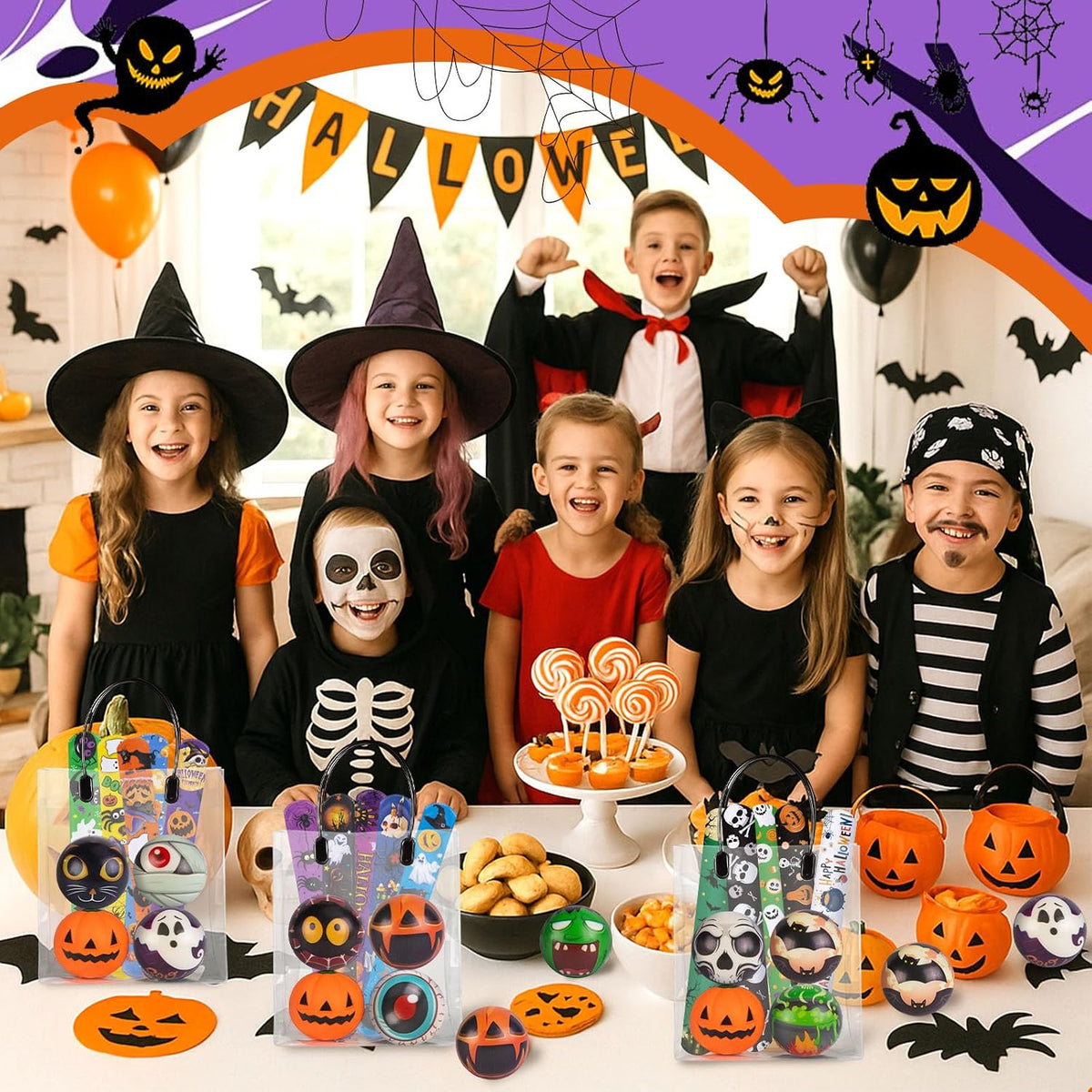 AMOR PRESENT 64 pack Halloween slap bracelets with jack-o-lantern, bat and spider designs - view 4