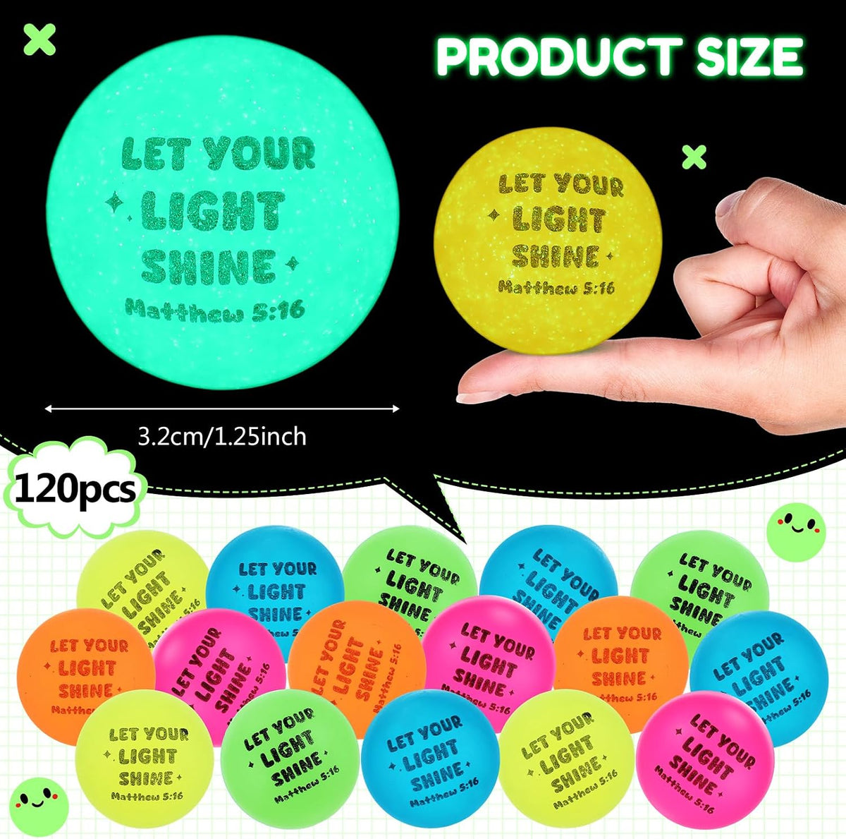 Seenelling 24 glow in the dark bouncy balls printed with Bible verses - view 23