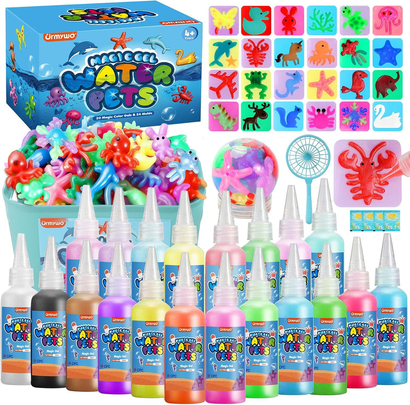 Magic Water Elf Toy Kit, Squishy Maker Set - 20 Colors Gels + 24 Molds | Animals