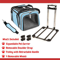 Airline Approved Expandable Premium Pet Carrier on Wheels- Two Sided Expandable Rolling Carrier- Designed for Dogs & Cats- Extra Spacious Soft Lined Carrier! - Light Blue