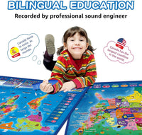 Qiaojoy Bilingual Interactive World Map for Kids Learning Educational - USA & World Map - image 2