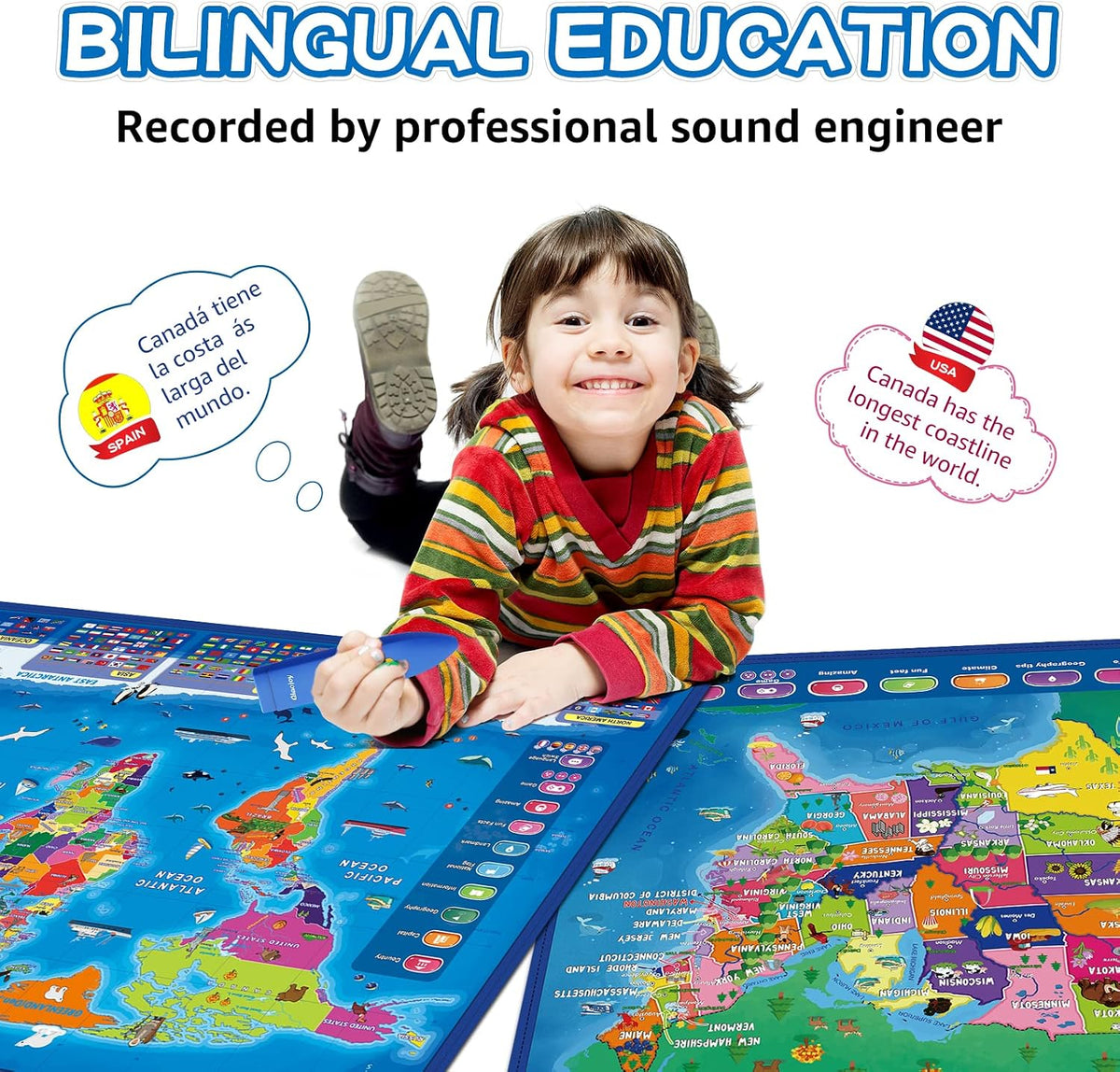 Qiaojoy Bilingual Interactive World Map for Kids Learning Educational - USA & World Map - image 2