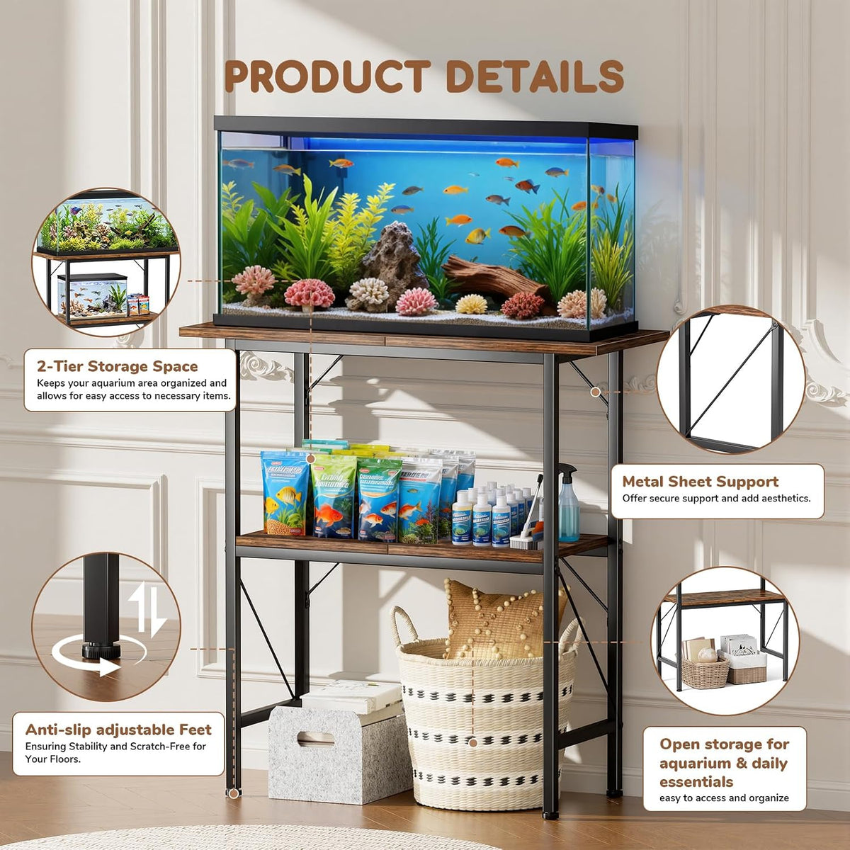 5-10 Gallon Fish Tank Stand with Storage Shelves - Rustic Brown / 30 Gallon-2 Tier - image 3
