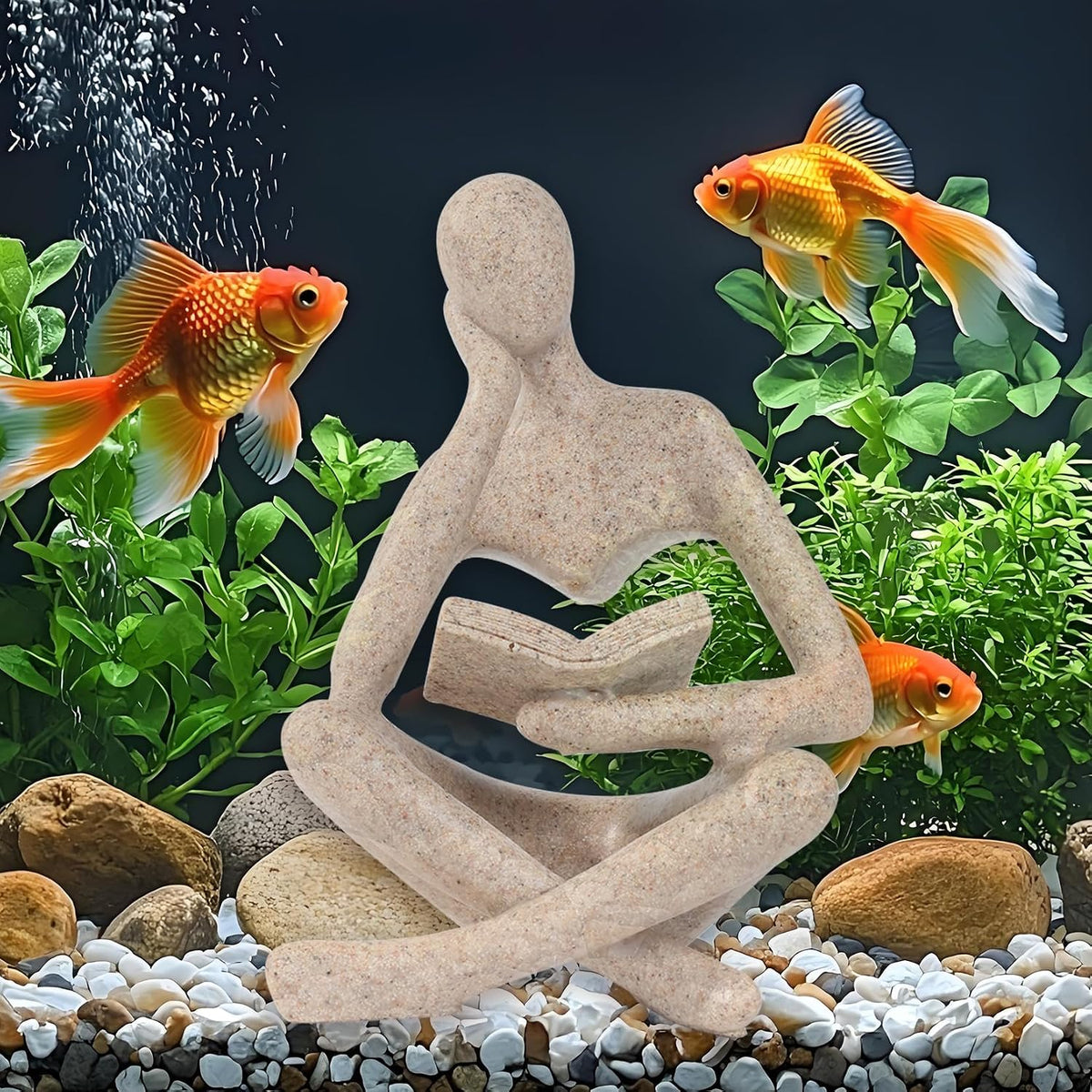 Minimalist Thinker Statue, Fish Tank Decor - Left Thinking Read Book
