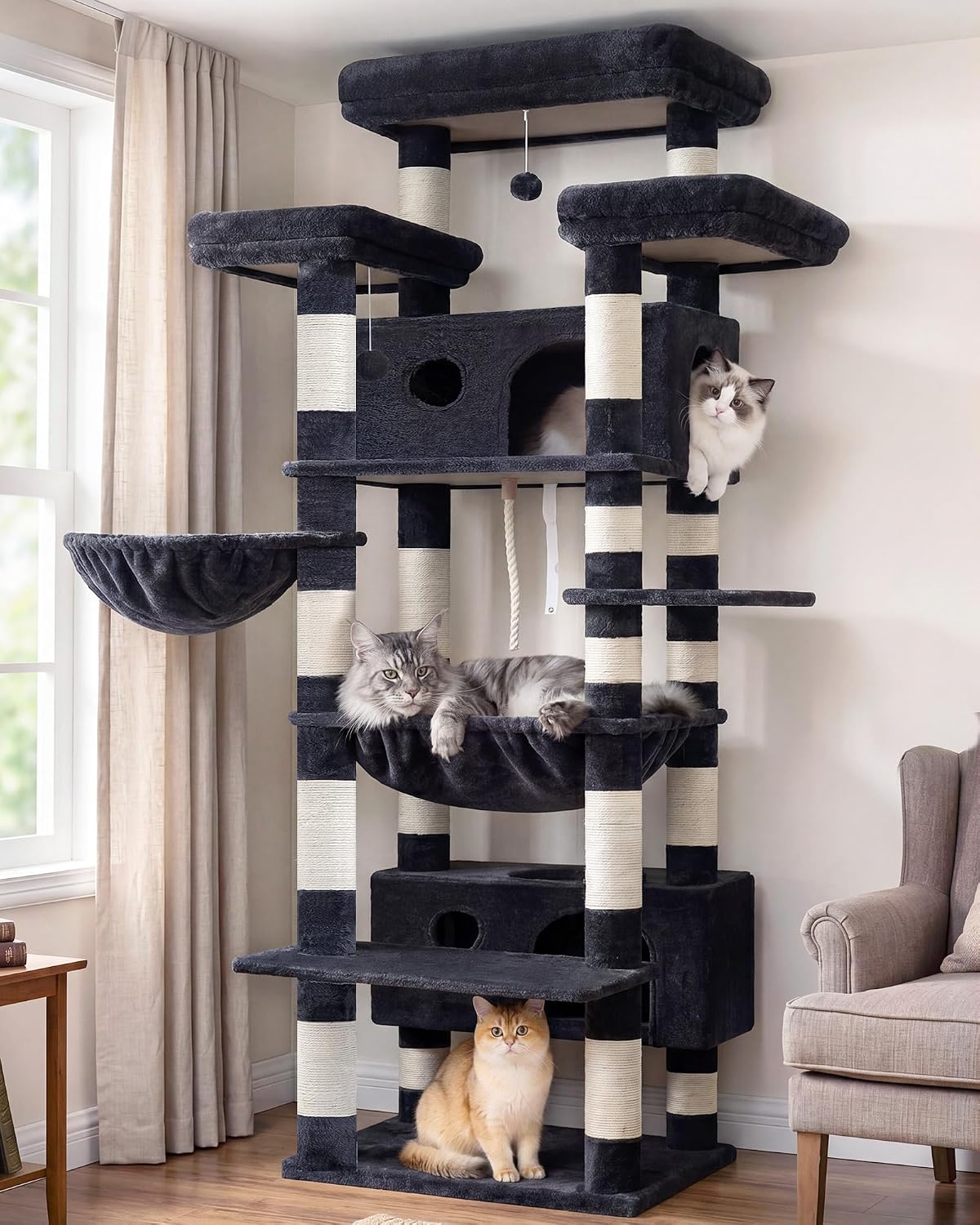 Cat Tree, 74" Tower for Large Cats, Big Condo & Hammock GCT030G – Essentials for Cats - 74 inch / Smoky gray