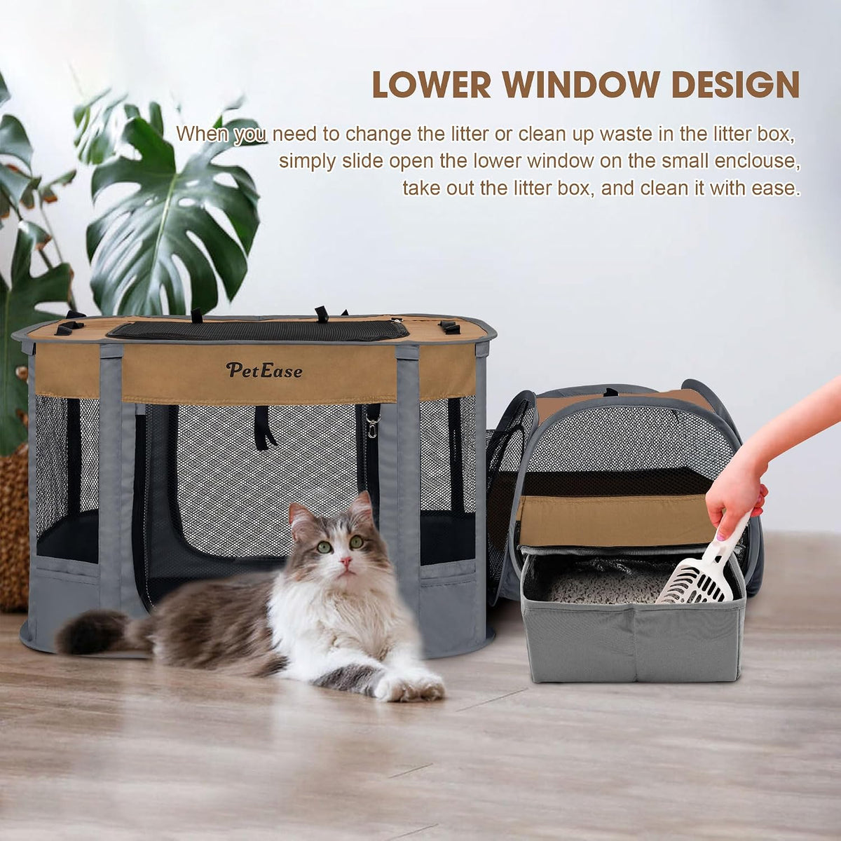 Portable Cat Playpen with Litter Box, Cat Enclosure for Camping - Brown / Double - image 2
