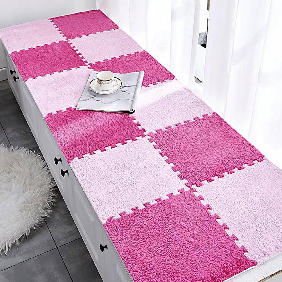 Typutomi 12 piece plush puzzle foam floor mat in rose red and pink interlocking tiles - view 19