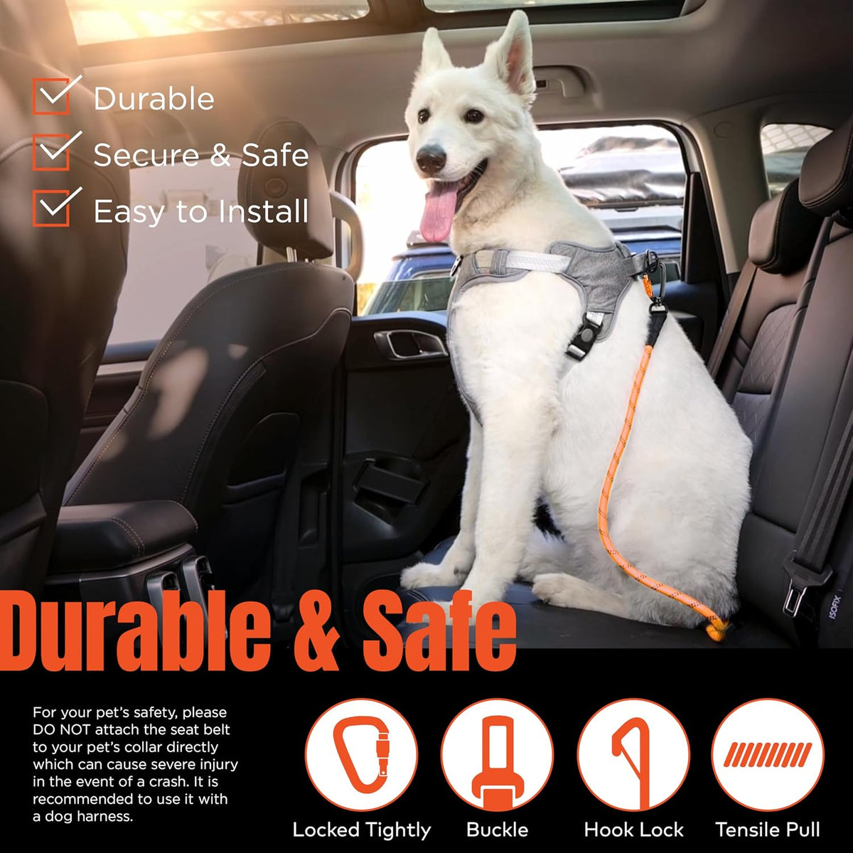 ARCA PET Carbon Black dog car seatbelt with reflective climbing rope and swivel carabiner - view 2
