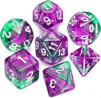 QMAY DND Dice Set - 7Pcs Blue Mix White Polyhedral Dice with Black Dice Bag – Fun for Kids & Family - Purple Green Transparent