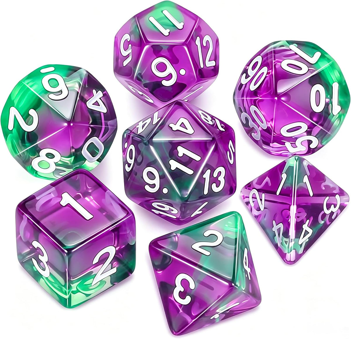 QMAY DND Dice Set - 7Pcs Blue Mix White Polyhedral Dice with Black Dice Bag – Fun for Kids & Family - Purple Green Transparent