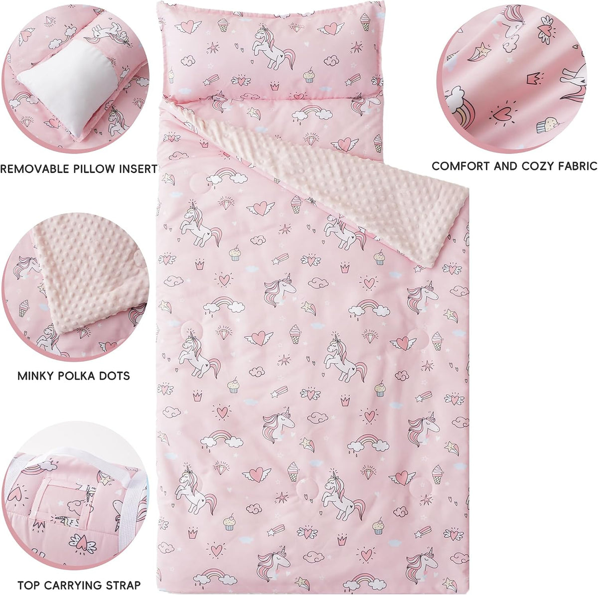 Bunnikins & Clover Toddler Nap Mat with Removable Pillow - Unicorn Pink - image 2