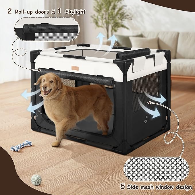 Dog Crate - Soft Pet Kennel for Dogs/Cats, 3-Door Breathable Travel Cage with Mesh Window, Portable Dog Kennel for Indoor & Outdoor, Black-L