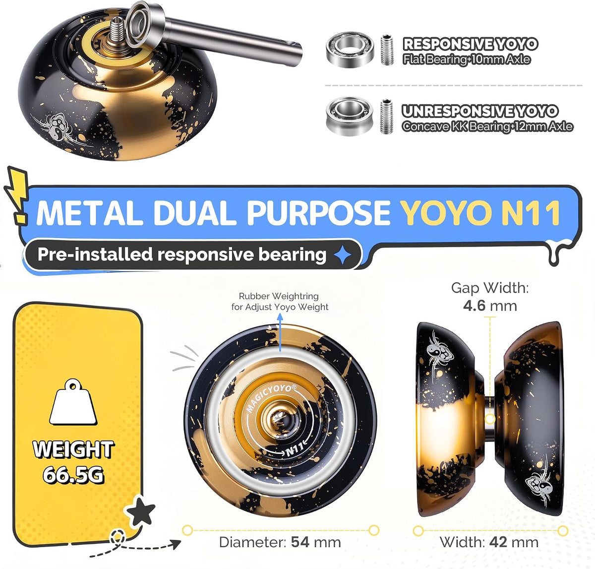 MAGICYOYO N11 Metal Yoyo Professional Responsive & Unresponsive Trick - Black golden - image 4