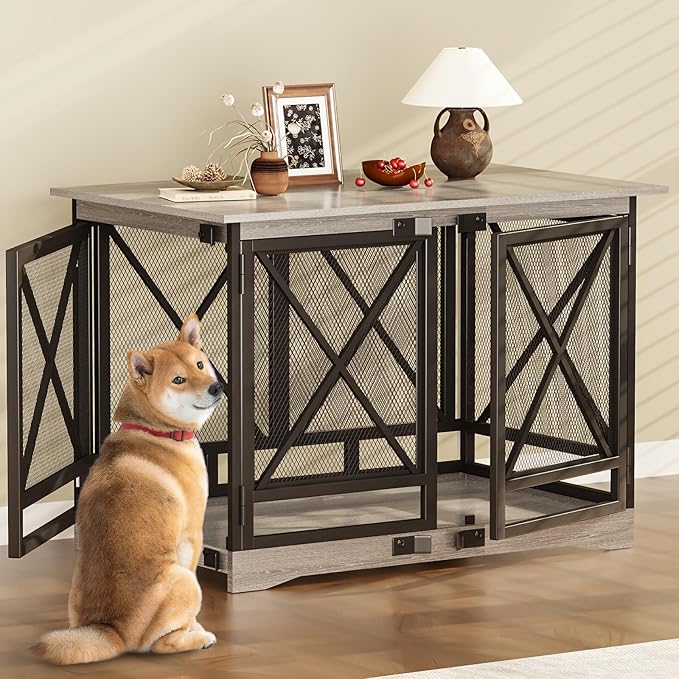 COZPAW Large Dog Crate Furniture - 48 inch Heavy Duty Dog Kennel Indoor for XLarge Breed with Double Doors, Wooden Dog Cage XL Modern Decorative End Table Pet House (Gray)