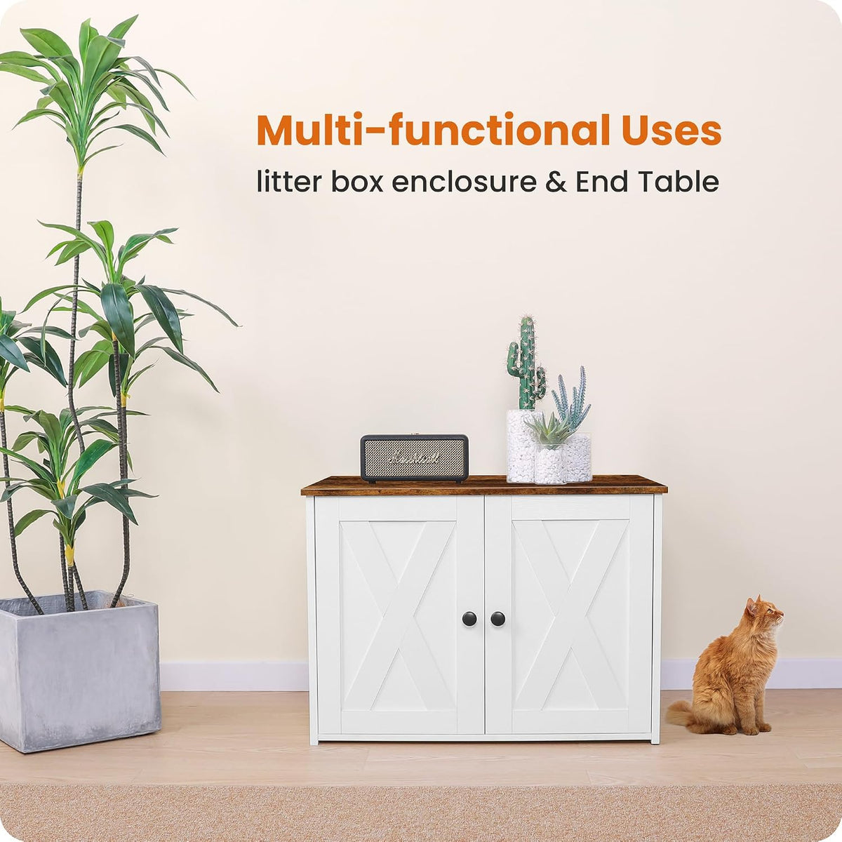 Cat Litter Box Enclosure, Hidden Litter Box Furniture - White+Rustic Brown - image 2