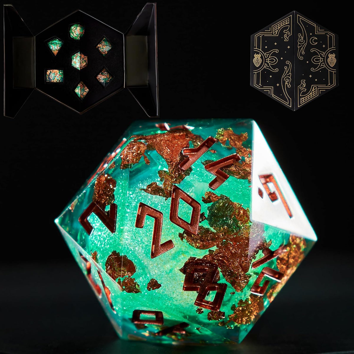 HEIMDALLR liquid core DND dice set in Fenrir's Shadow with glowing LED display box - view 6