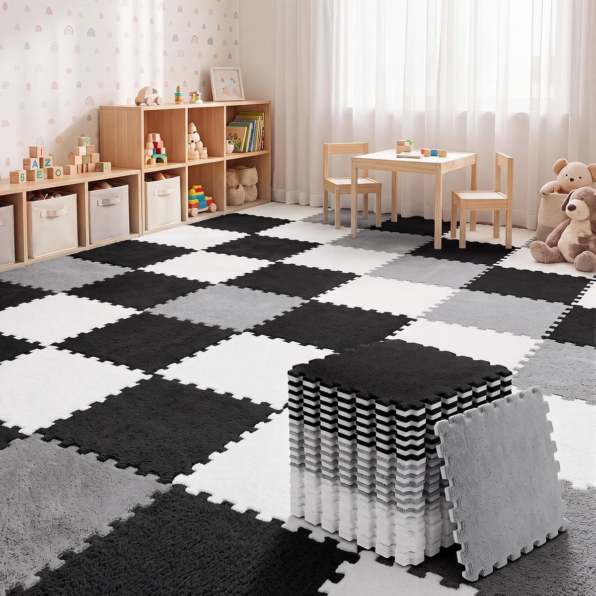 Amylove 18 Pcs Plush Foam Interlocking Carpet Tiles, Beige, Pink - Black, White, Gray
