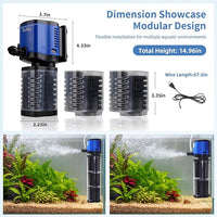 TARARIUM Aquarium Filter Pond Pump 660GPH for 75-300 Gallon Fish Tank, 8ft. High Lift Dry Burning Protection Biochemical Submersible Internal Powerful Pump 4 in 1, Saltwater Freshwater Large