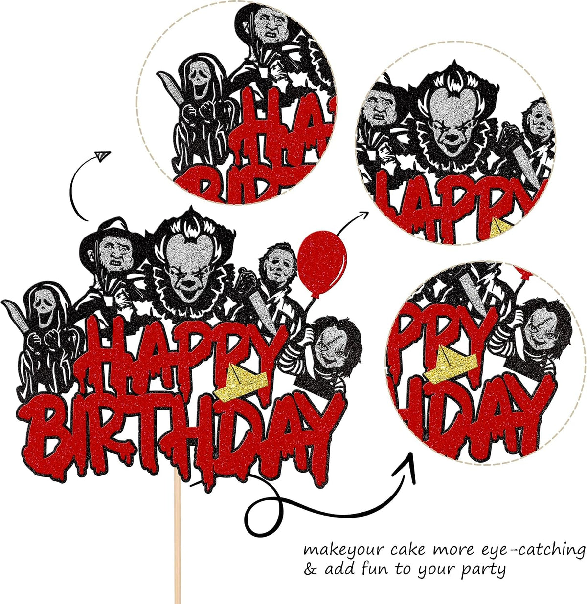 Zhuoweism Halloween horror Happy Birthday glitter cake topper on bamboo stick - view 21