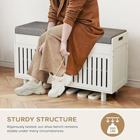 Storage Bench, Bamboo Shoe Bench with Padded Seat Cushion & 2 Doors, 2-Tier Entryway Bench with Lift Top Hidden Storage, 35.4" W x 12.6" D x 19.7" H, Shoe Rack Cabinet for Entryway, Living Room, White