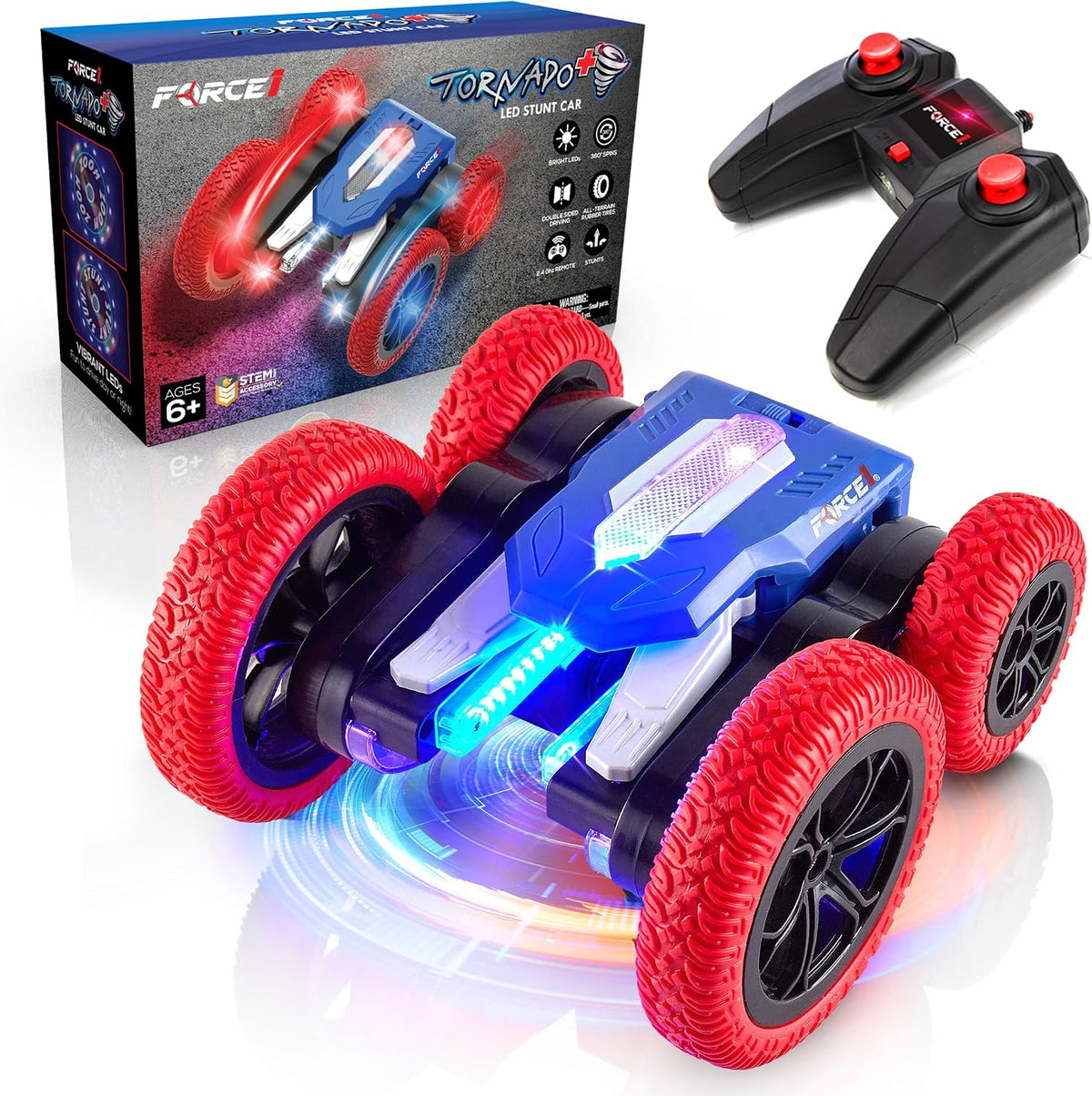 Force1 Tornado Blue LED Remote Control Car for Kids - Red Blue Tornado+