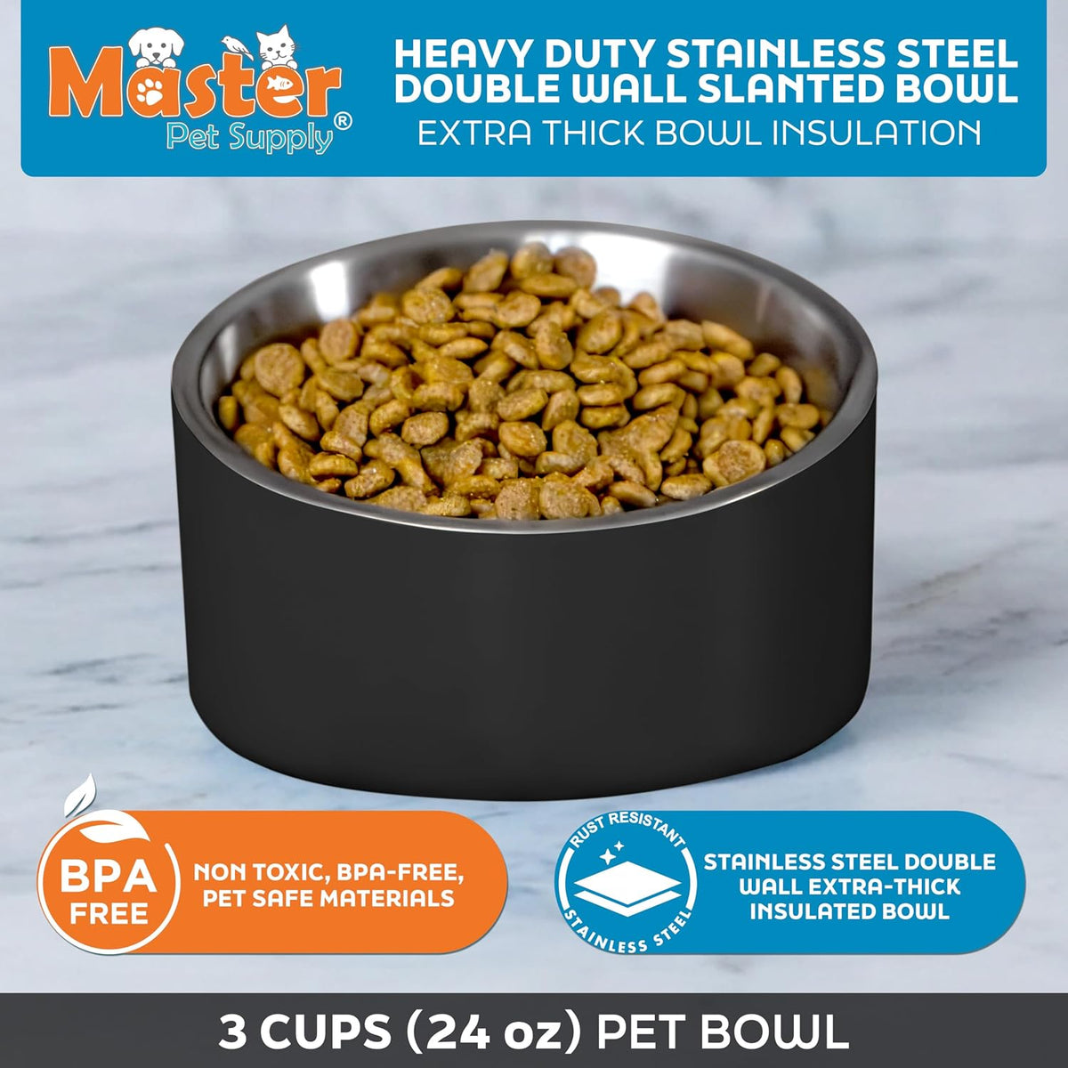 Master Pet Supply Stainless Steel Slanted Dog Cat Food Bowl 24 oz - Black Velvet / 3 Cups (24 oz) - image 2
