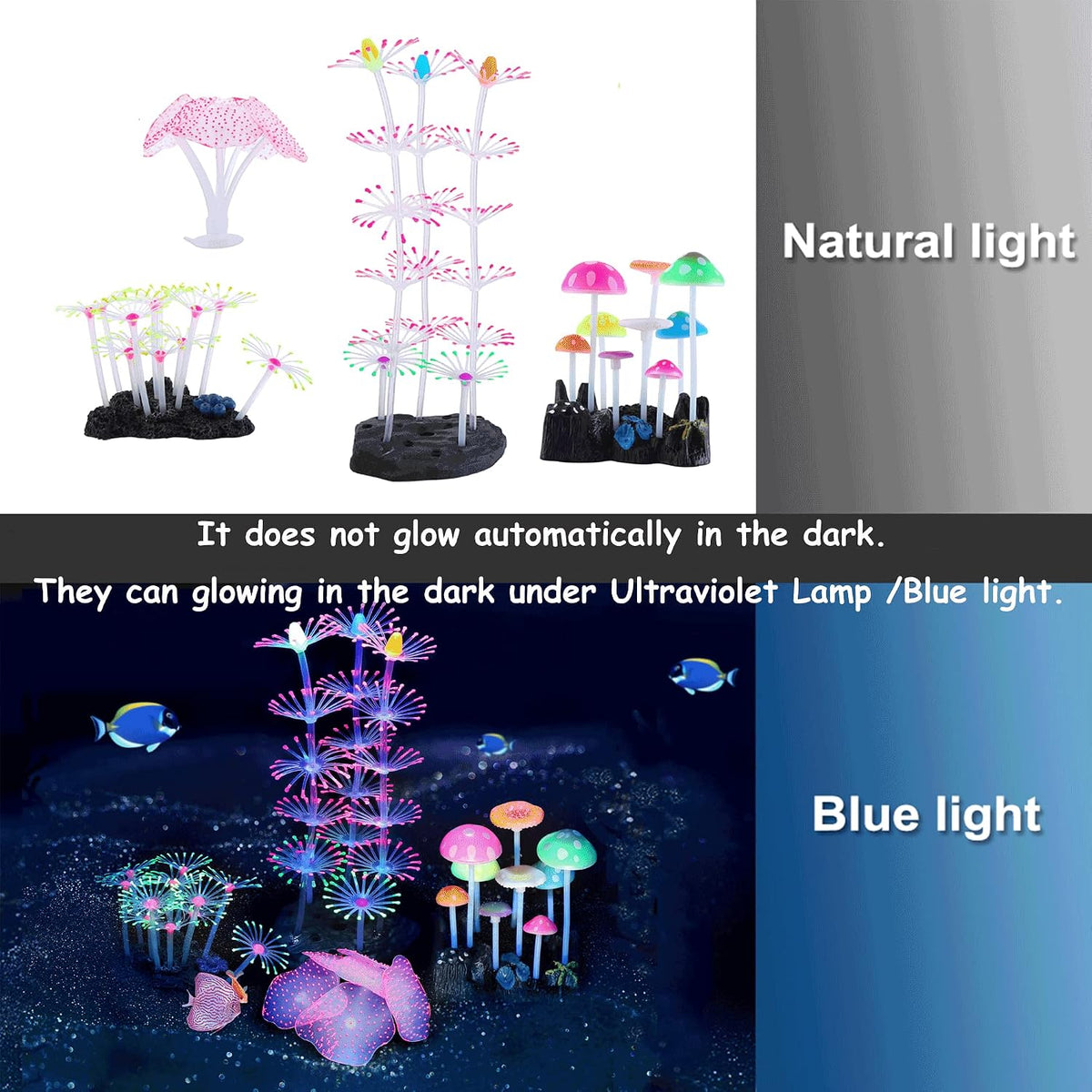 4 Pack Glow Aquarium Decorations Coral Reef Glowing Mushroom Anemone - 4 Pcs(coral Reef+branch Coral+mushroom+anemone) - image 3