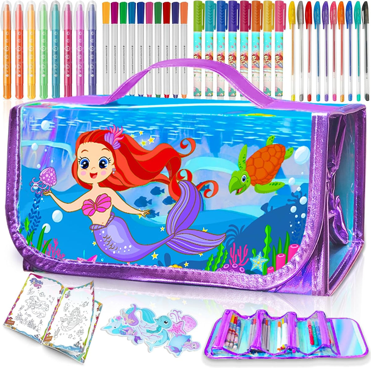 weirtoya 56 PCS Washable Scented Markers Set with Glitter Pencil Case - Mermaid