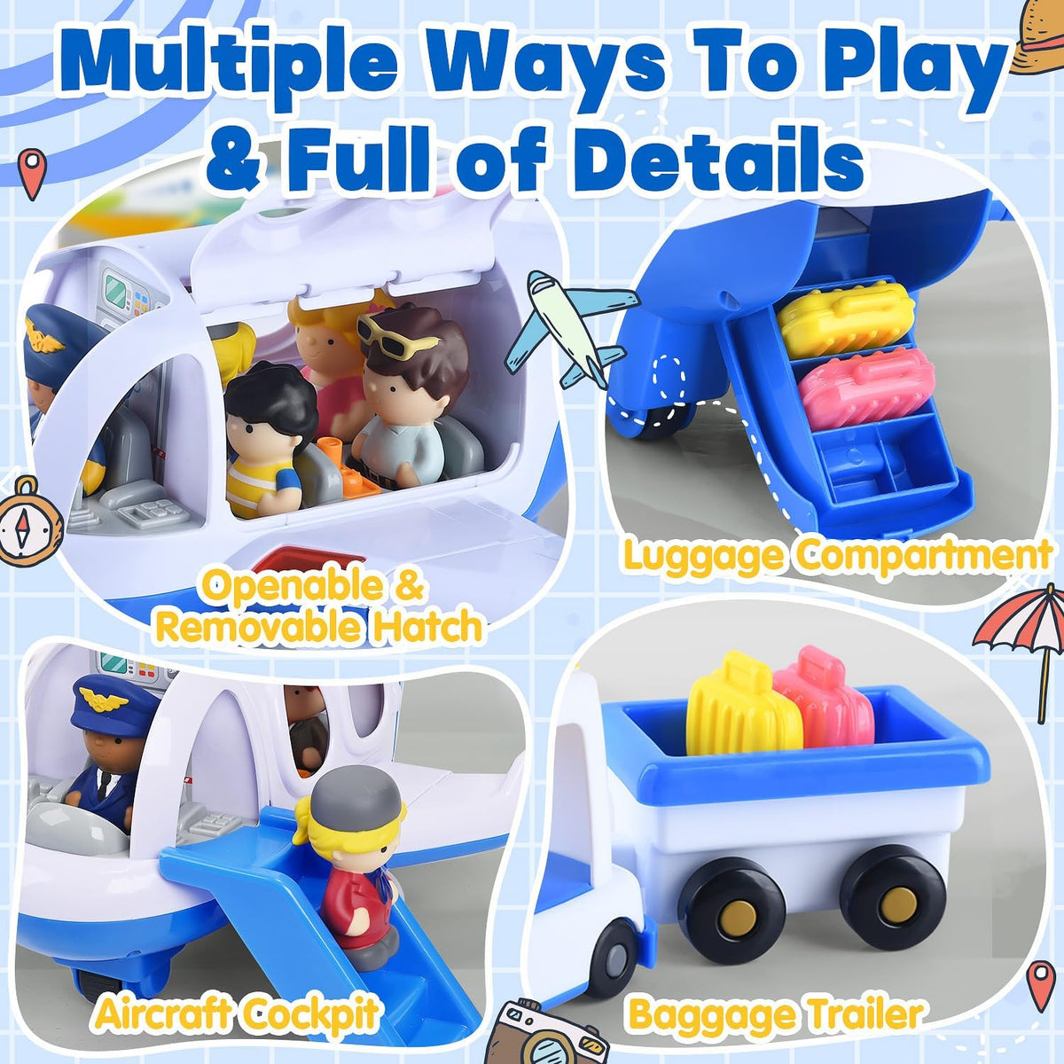 PLAY Musical Airplane Toy for kids Small Figures & Baggage - Blue - image 3
