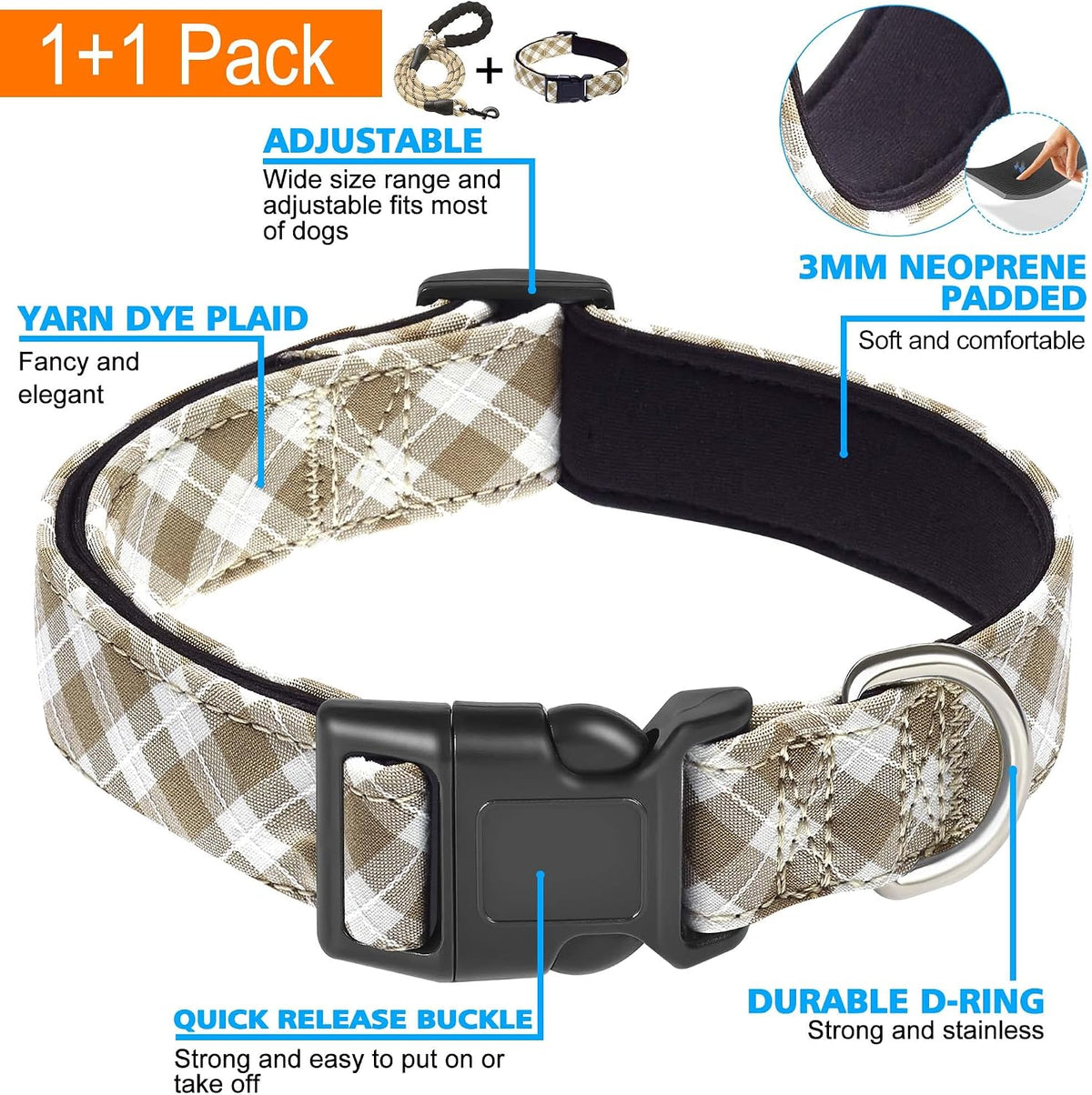 Ladoogo Reflective Dog Collar Padded with Soft Neoprene - Beige/White / Medium - image 3