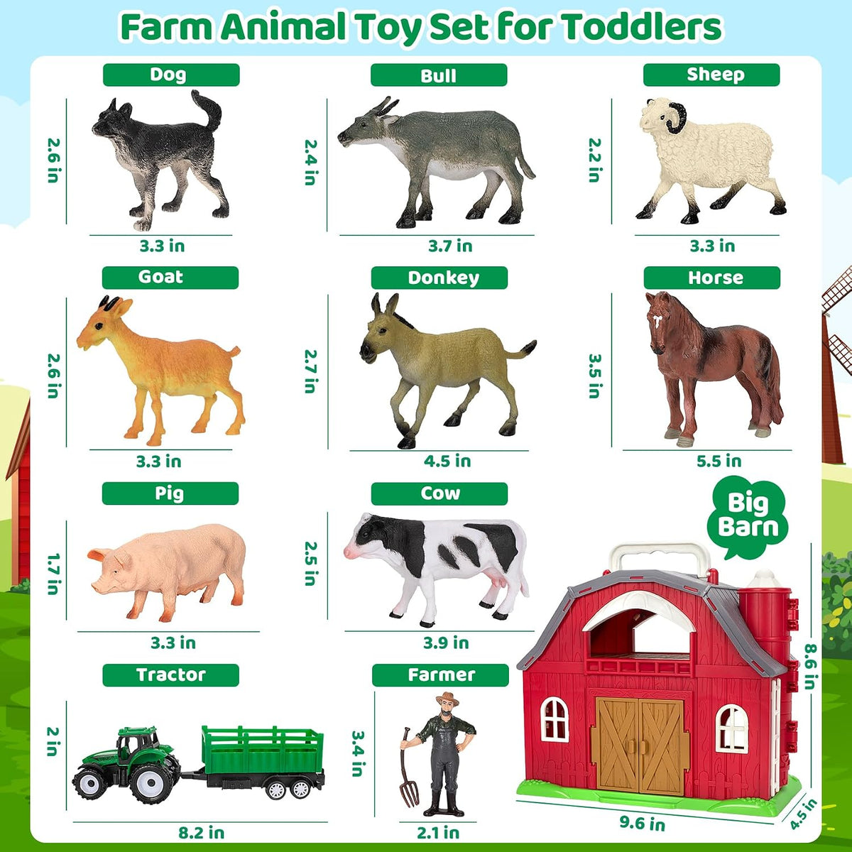 Ellinjan red barn farm playset with plastic farm animal toys, a green tractor and a farmer - view 2