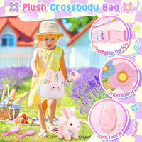 Easter Bunny Toys for Kids with Crossbody Bags, Easter Basket Stuffers Interactive Hopping Wiggle Ears Rabbit Toy, Pretend Play Robot Pet Care Cute Stuff for Girls Trip Plushies Birthday Gifts