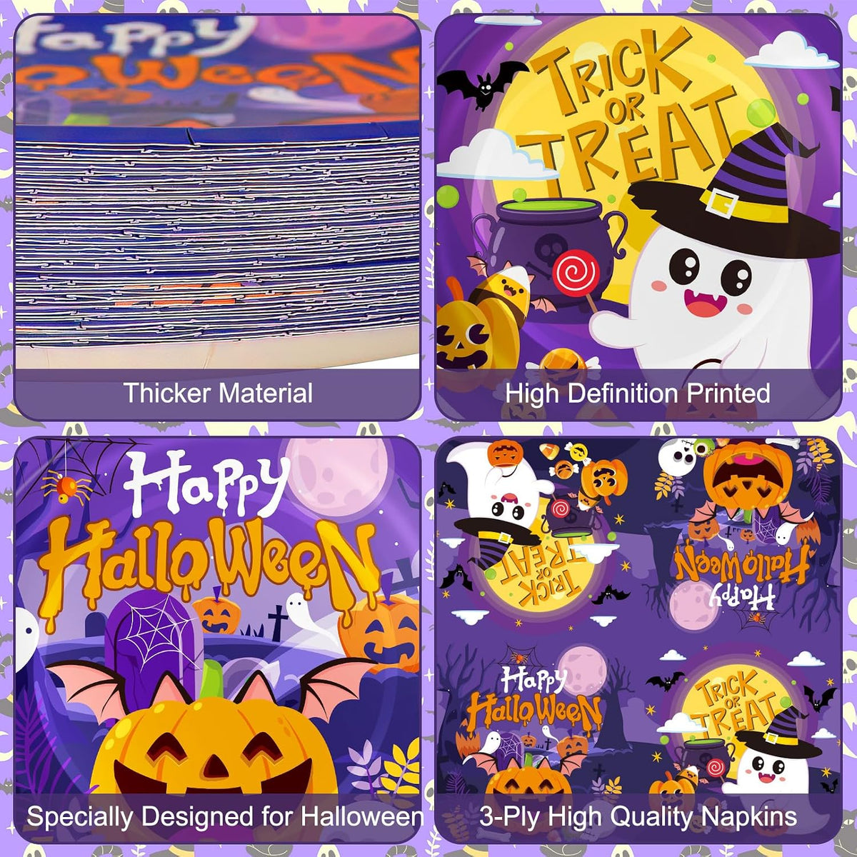PERFQU 150-piece Halloween plates and napkins set with pumpkin and ghost prints - view 9