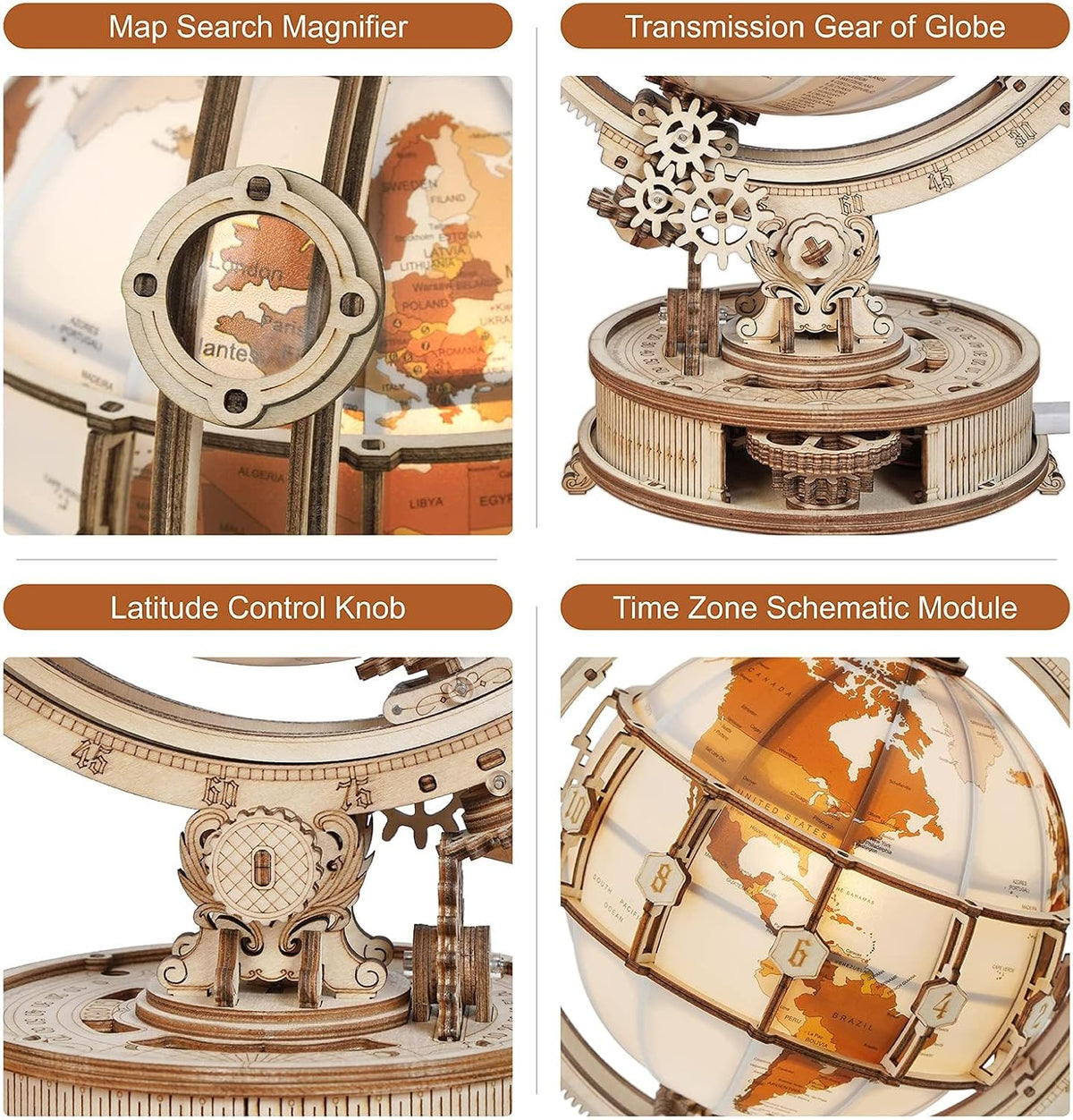 ROKR 3D Wooden Puzzles for Adults Illuminated Globe with Stand 180pcs - image 3